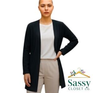 Chico’s Ultimate Tee Long Black Cardigan Size S Cotton Modal Blend Layering EUC